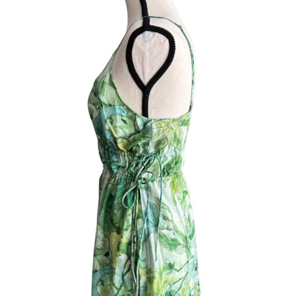 H&M BEAUTIFUL PEACOCK AND PLANTS DESIGN, GREEN LONG DRESS, SZ. M - Picture 6 of 12